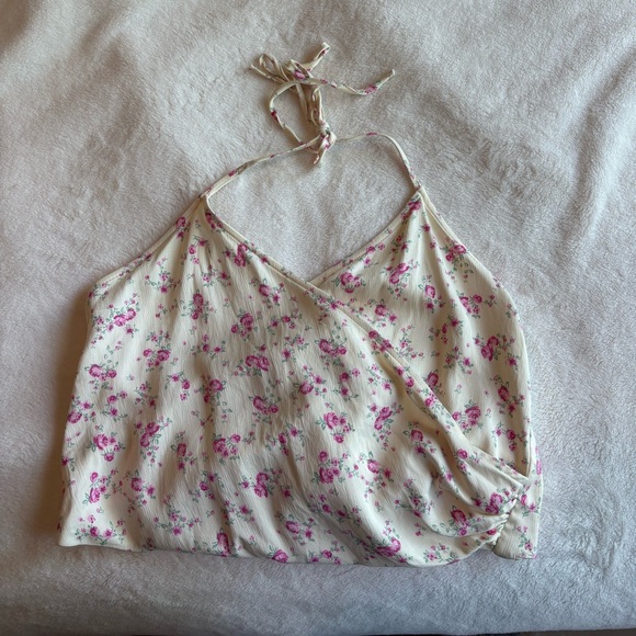 ZARA Halter Neck Wrap Crop Top Tie-Back Women’s Medium Satin Cream Floral - Picture 6 of 9